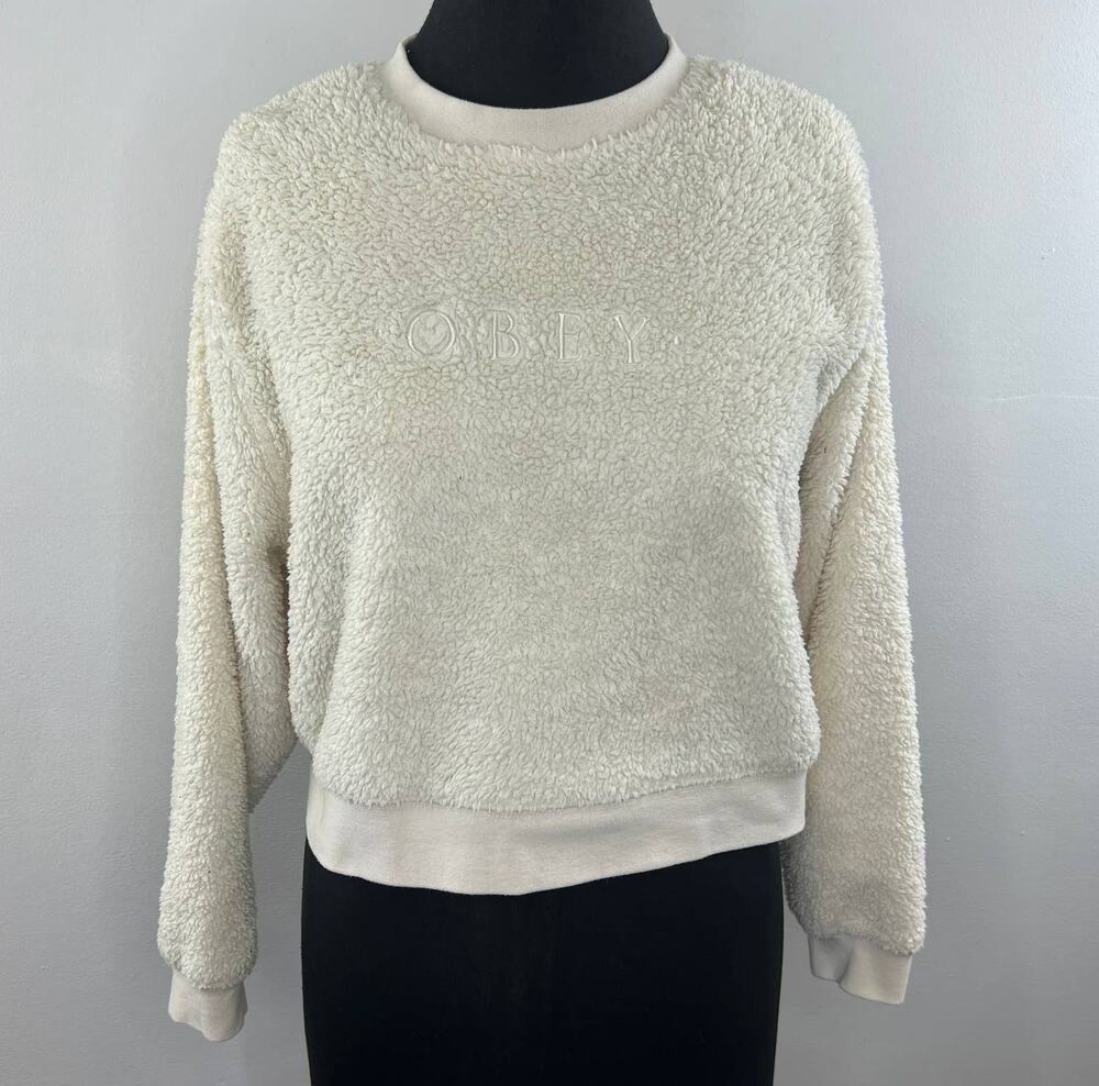 OBEY White Crew Neck Polyester Fleece Sherpa Logo Pullover Sweater Sweatshirt XS